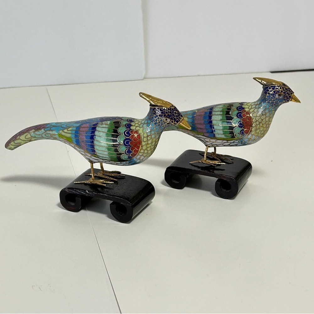 Chinese Cloisonné Bird Figurines on Wooden Stands